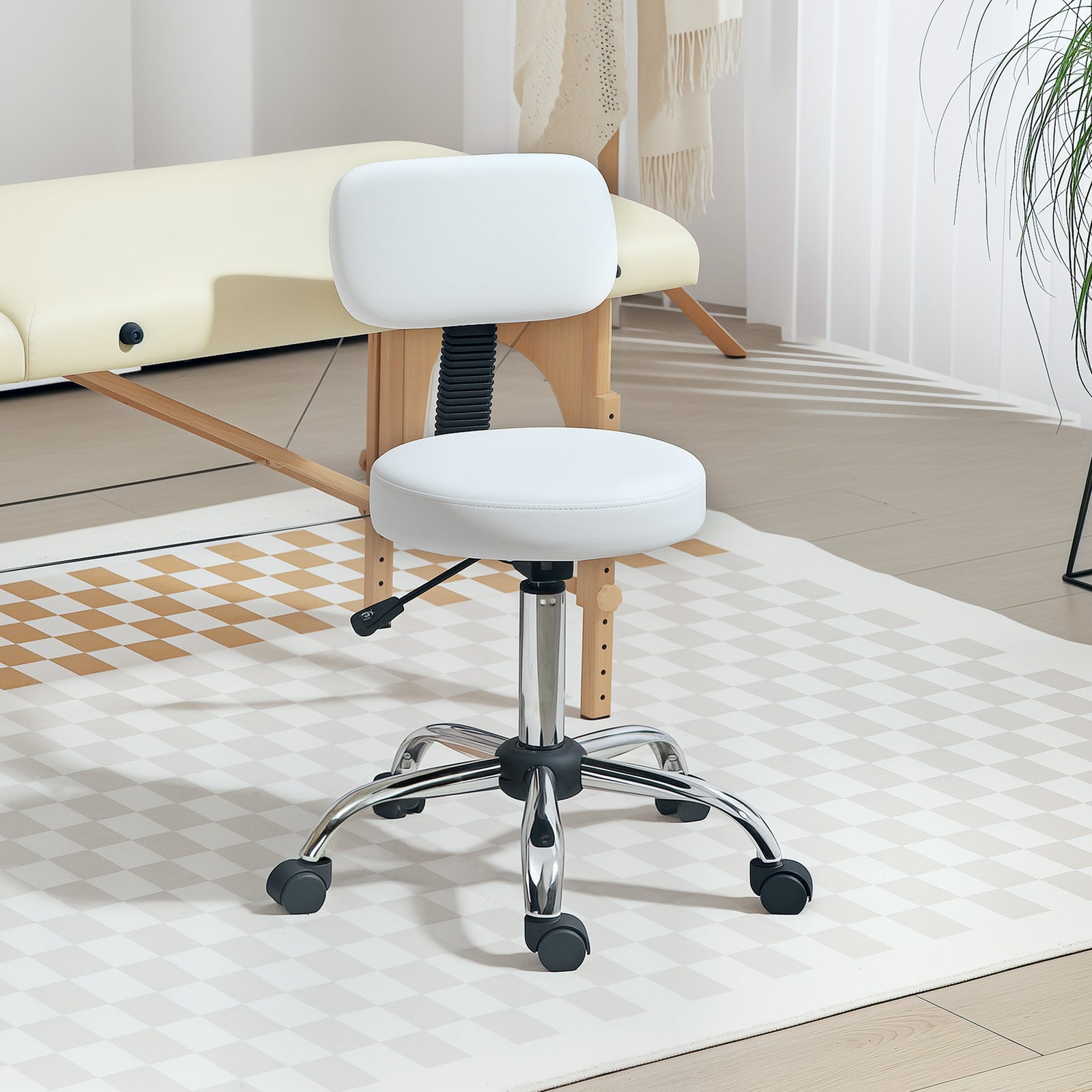 Rolling Stool With Backrest, Wheels Faux Leather Salon Chair | White