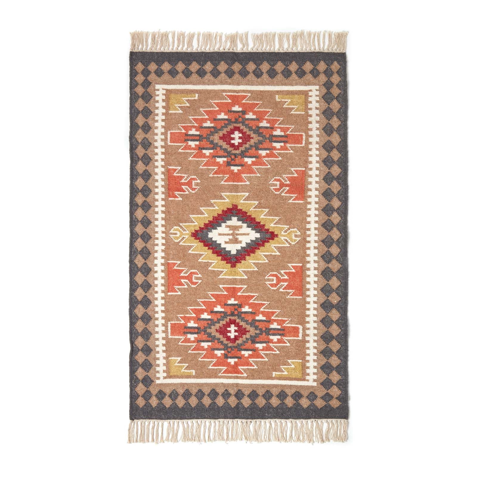 Jaipur Handwoven Brown And Orange Kilim Wool Rug | 120cm x 180cm | Brown