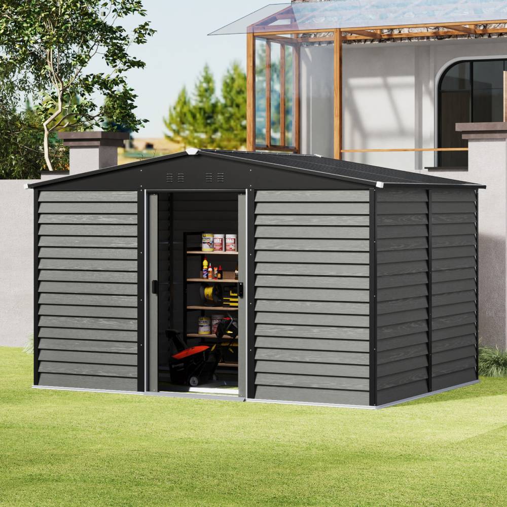 12 X 8ft Metal Storage Shed With Foundation, Double Sliding Doors & Vents, Weatherproof Outdoor Tool Shed For Garden Or Backyard