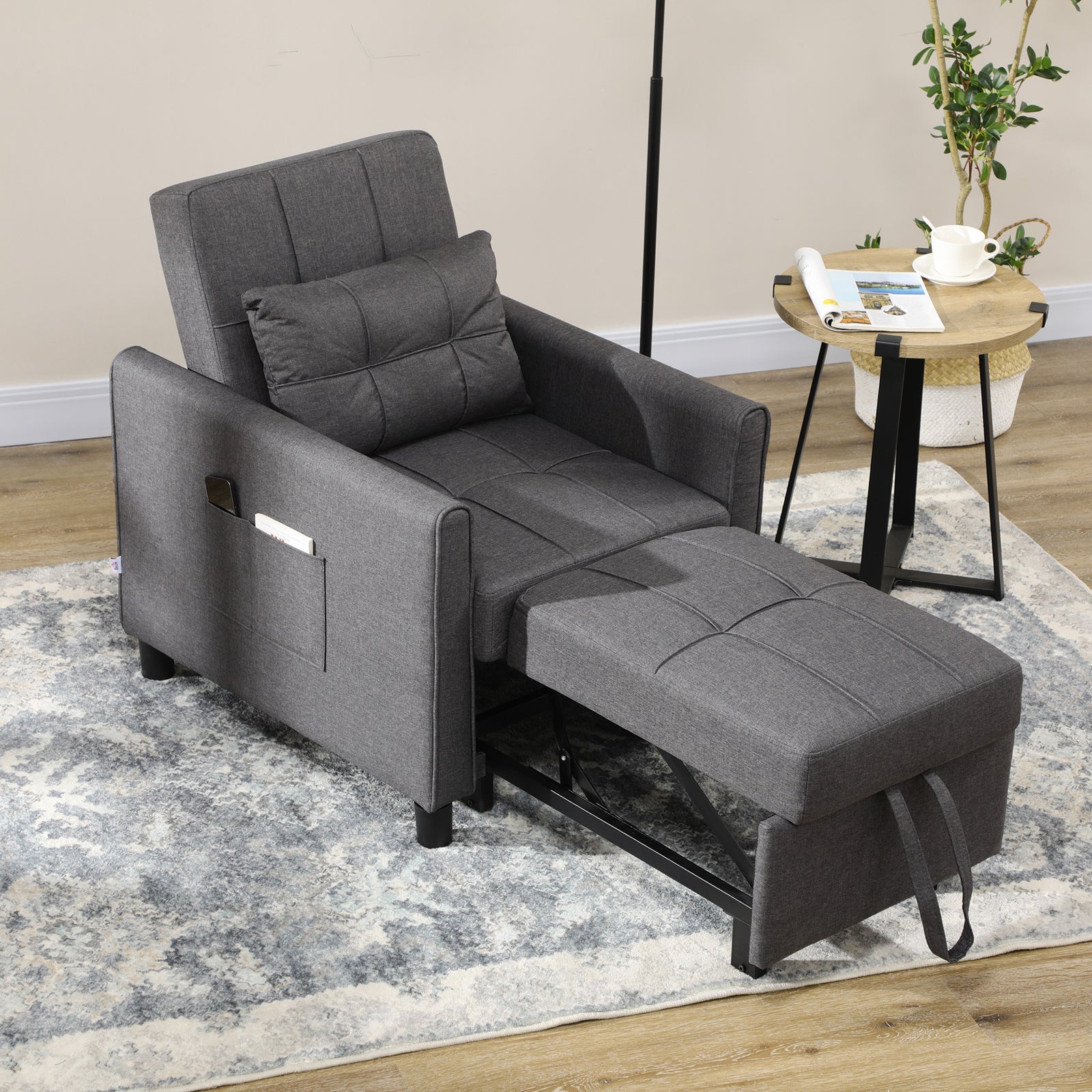 Pull Out Chair Bed Sleeper Chair With Pillow Side Pockets | One Size