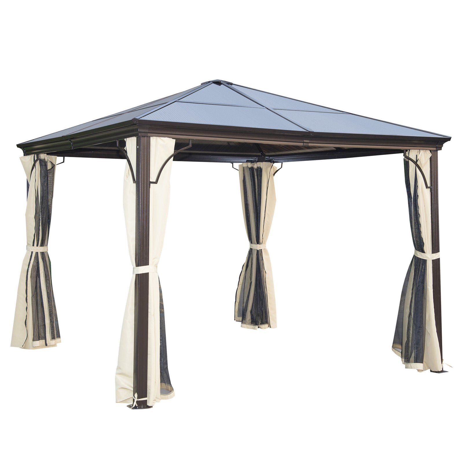 Hardtop Gazebo Canopy With Mosquito Netting And Curtains | Medium | Beige