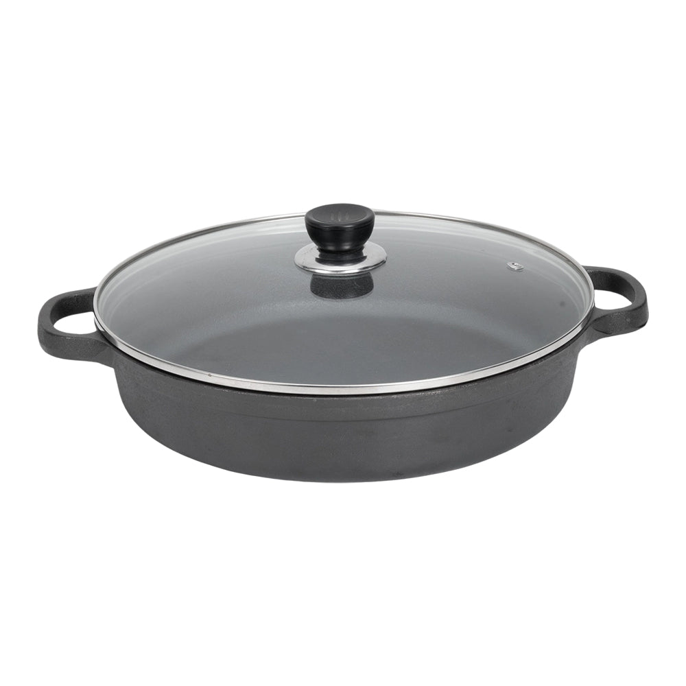 30cm/33cm/35cm Dia Pre-seasoned Round Cast Iron Braiser Pan With Lid & Double Handles | Medium