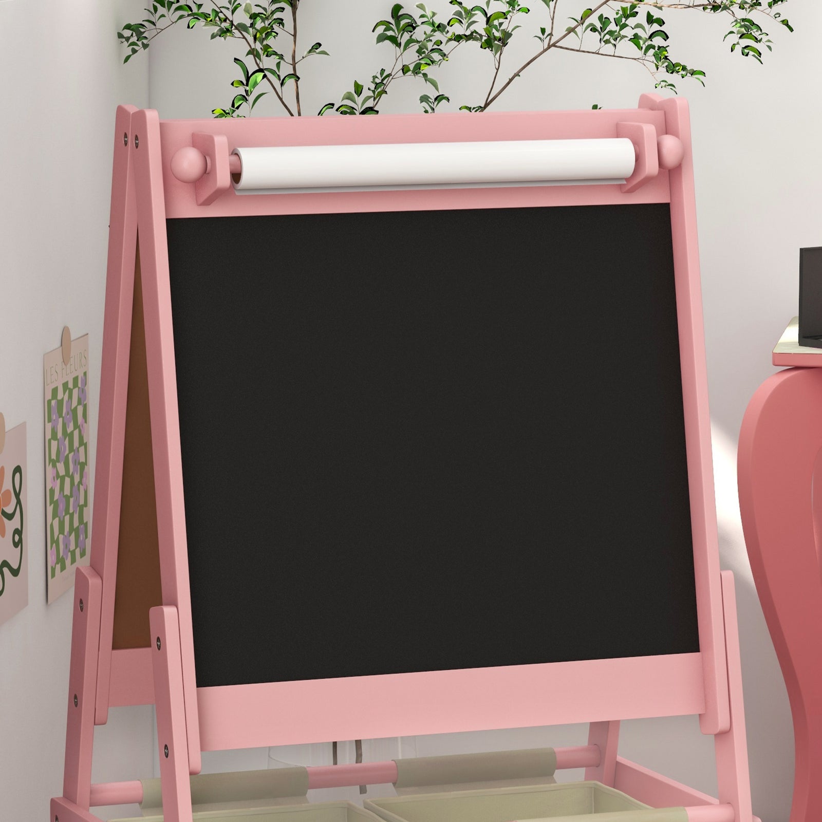 Kids Easel With Paper Roll, Blackboard, Whiteboard, Storage | Pink