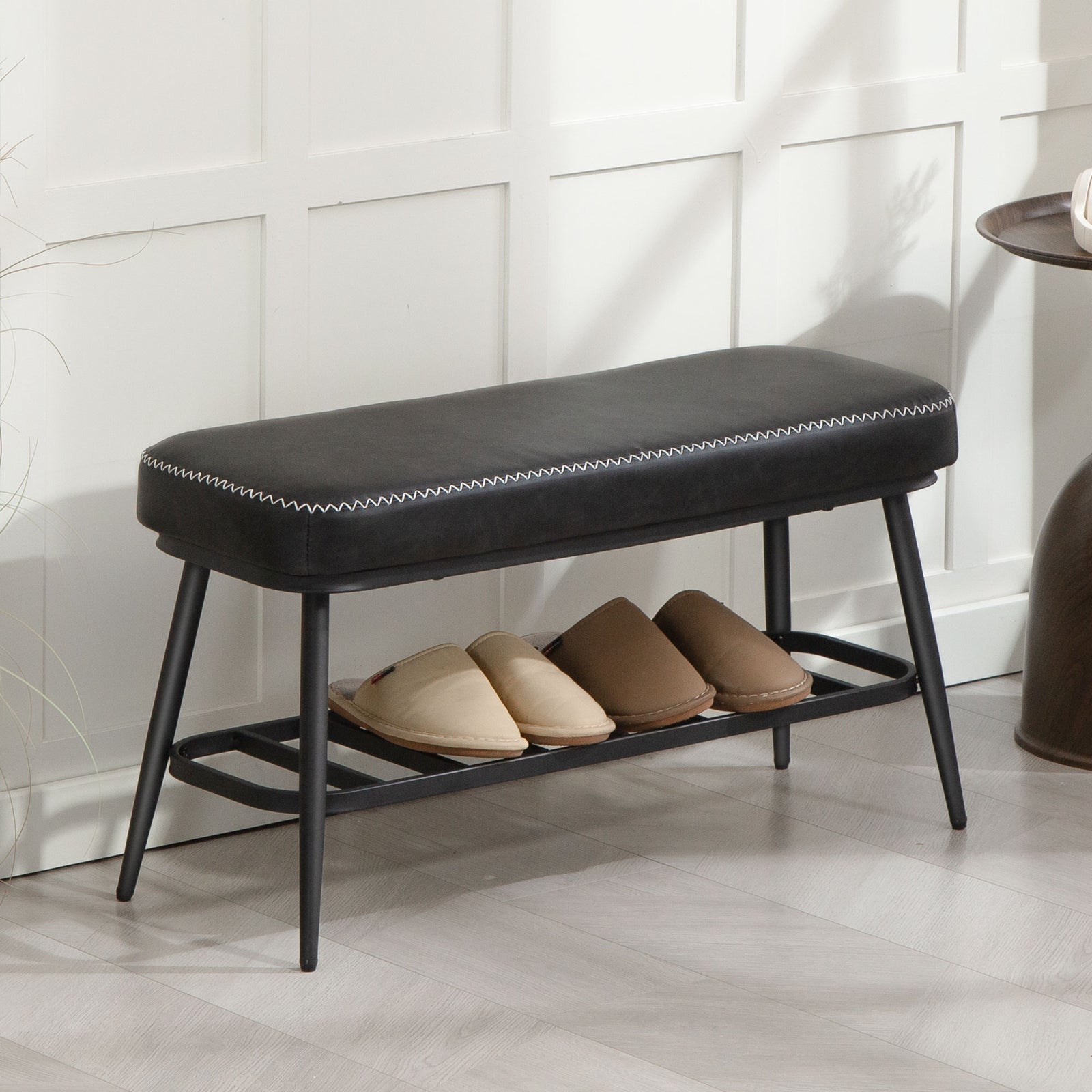Shoe Bench, Pu Leather Shoe Storage Bench For Entryway | Charcoal Grey