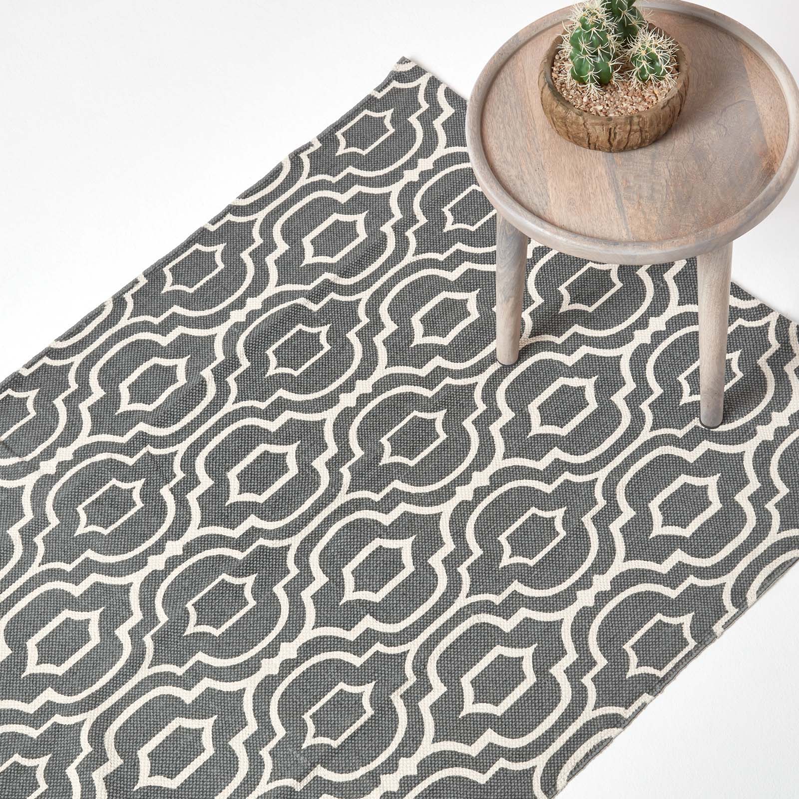 Riga 100% Cotton Printed Patterned Rug Hall Runner, 66 X 200 Cm | 150cm x 220cm | Grey & White