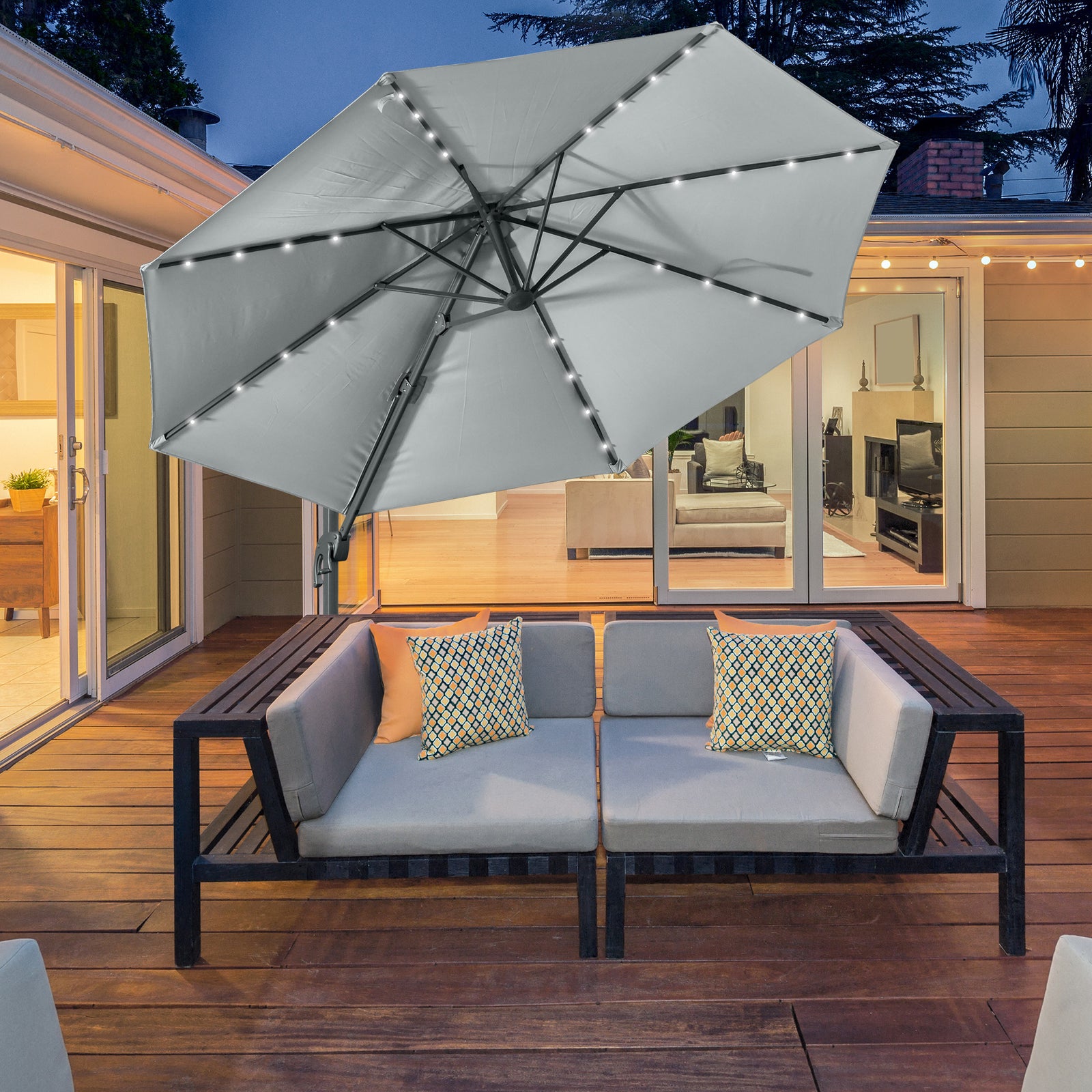 3m Led Cantilever Parasol W/ Solar Lights & Base