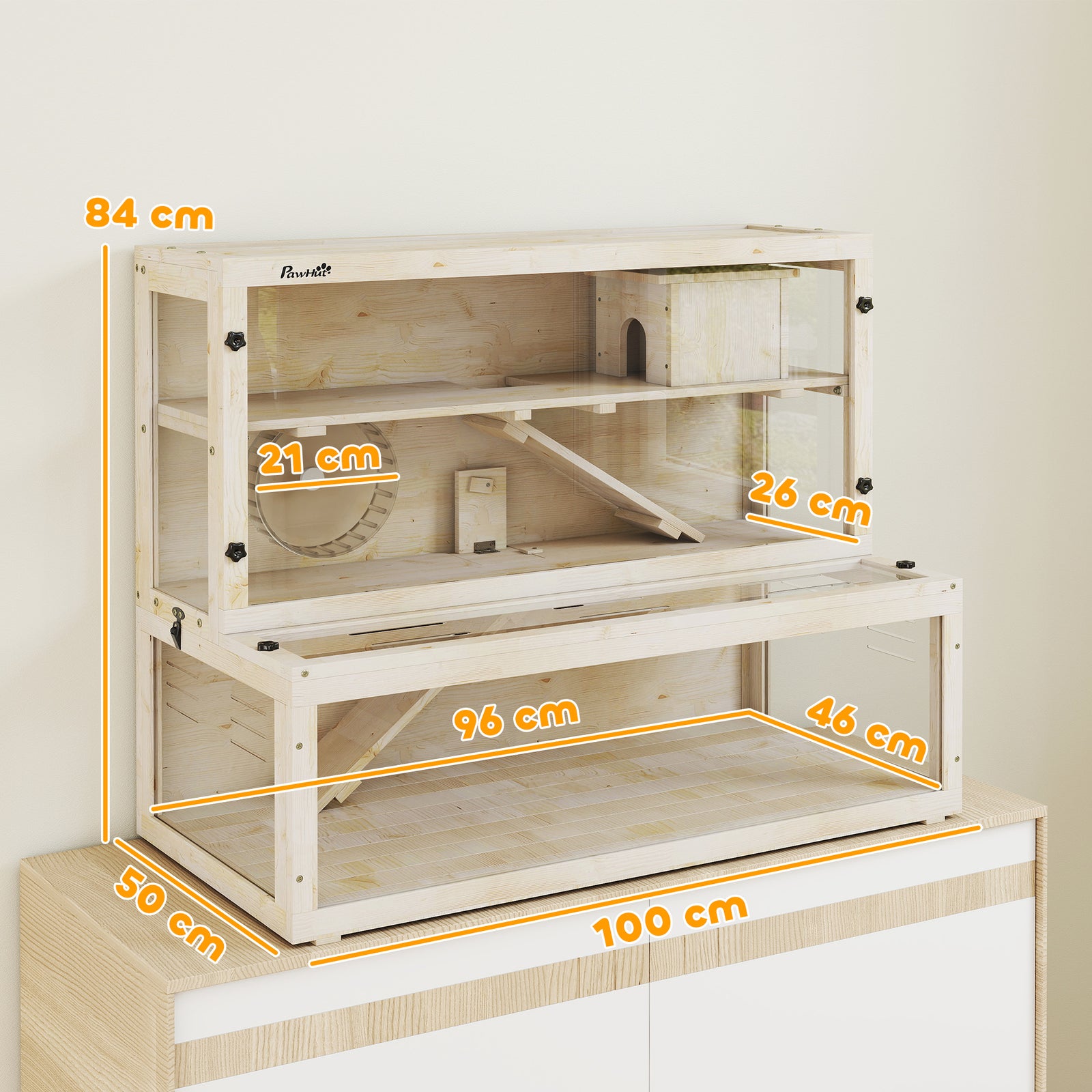 3 Tier Wooden Hamster Cage With Hut, Wheel, Ramps, 100 X 50 X 84 Cm | Natural