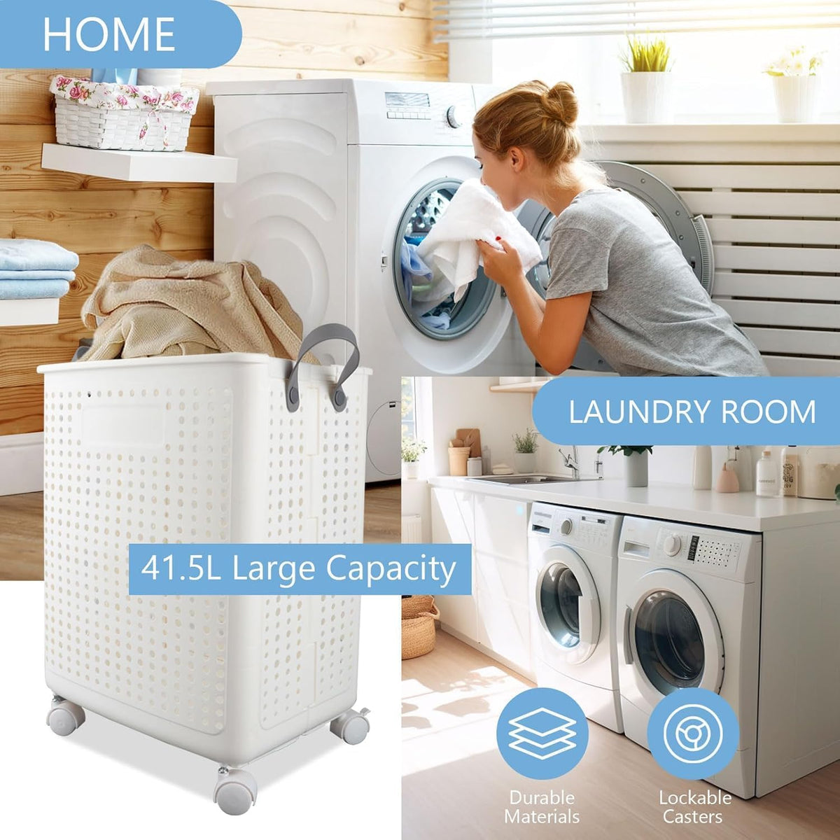 Foldable Laundry Basket 42l Large Heavy Duty Laundry Hamper On Wheels Fold Away | White