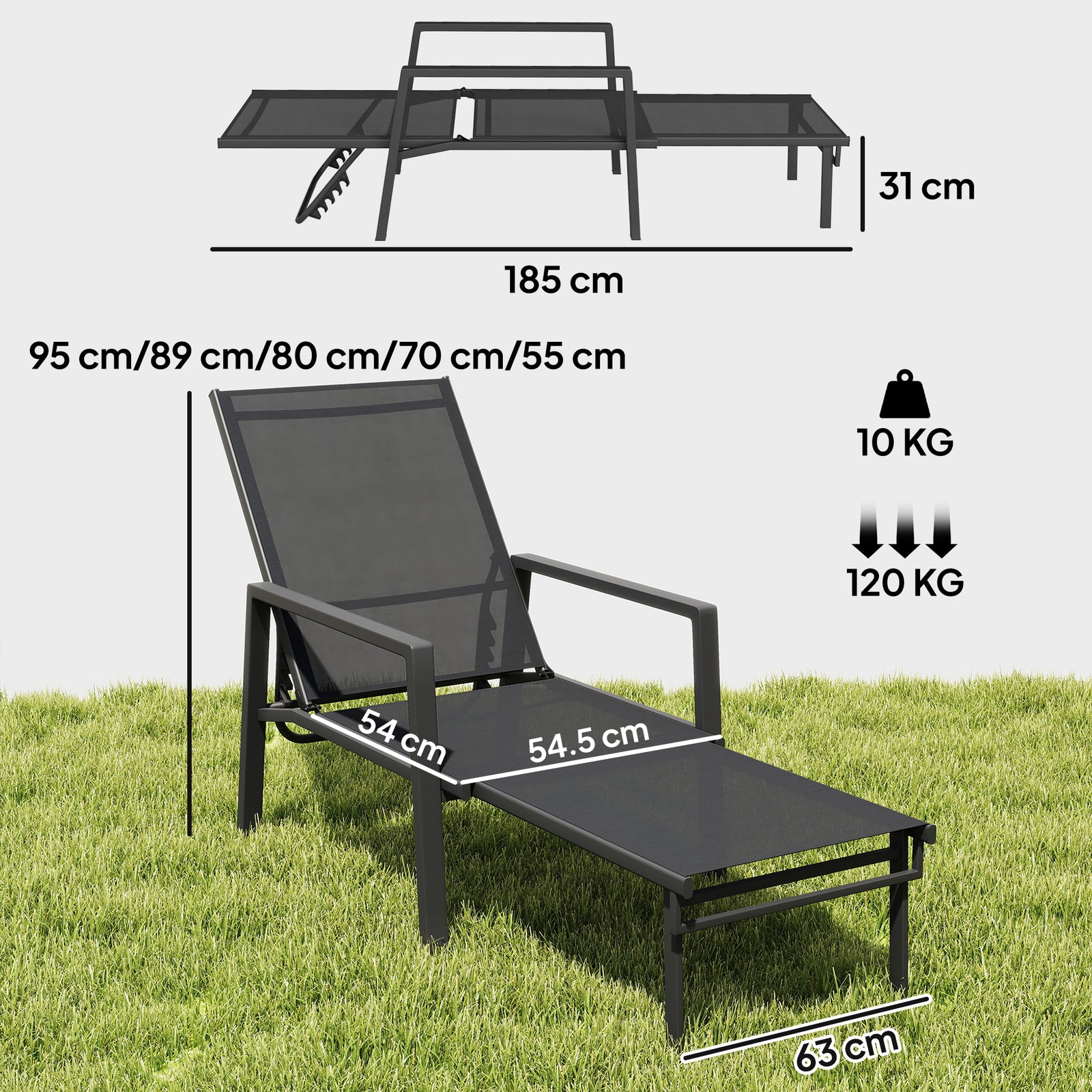 Sun Lounger W/ Retractable Footrest, 5-position Adjustable | Set-of-1 | Black