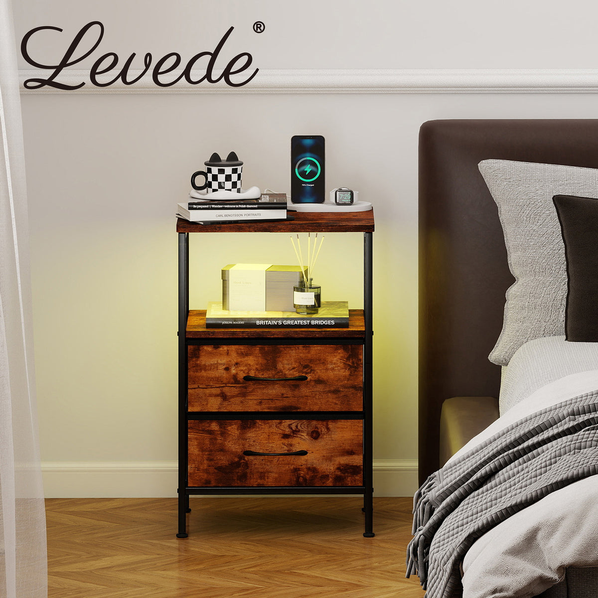 Led Bedside Table 2 Drawers Usb Ports Sofa End Table In Brown Black | Brown