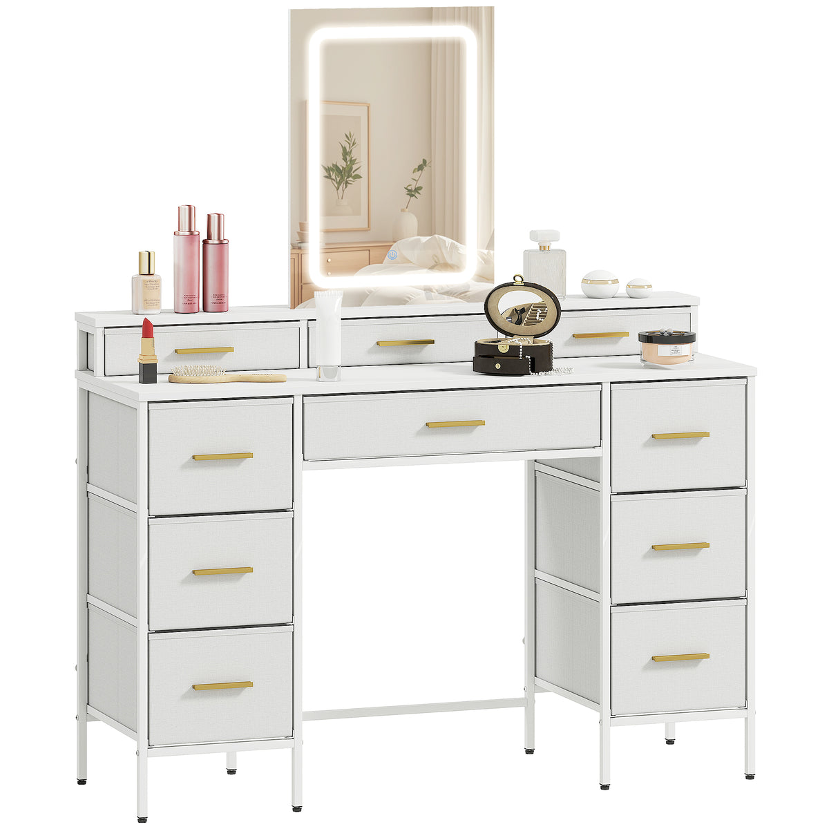 HOMCOM Dressing Table With Led Lighting Mirror And 10 Drawers, White