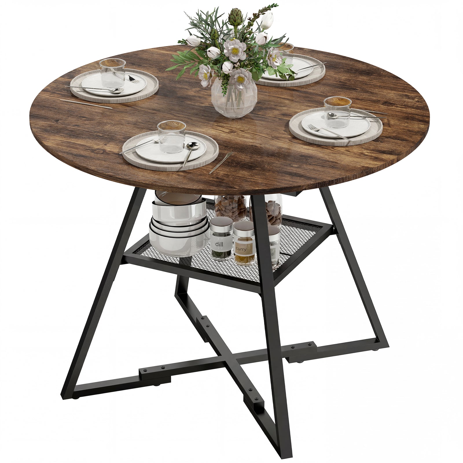 HOMCOM Round Dining Table For 4, 100 Cm Kitchen Table W/ Shelf, Rustic Brown