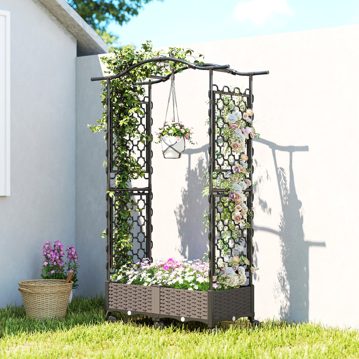 Outsunny Raised Garden Bed With Arch Trellis, Plastic Raised Bed For Garden