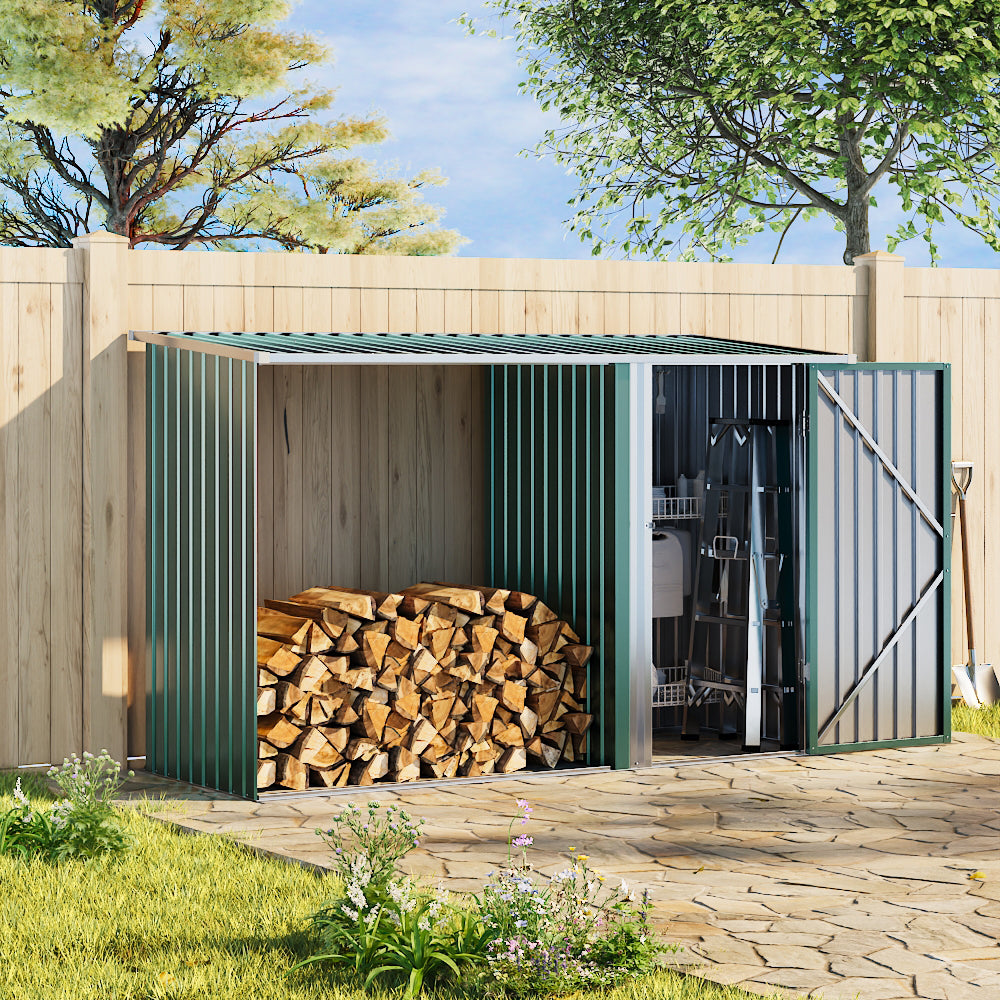 Steel Outdoor Storage Shed With Firewood Log Rack Waterproof Metal Garden Tool Organizer | One Size | Green