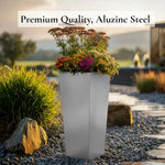 Zinc Galvanised Tall Flared Tapered Square Planter | 40cm x 40cm x 90cm | Silver