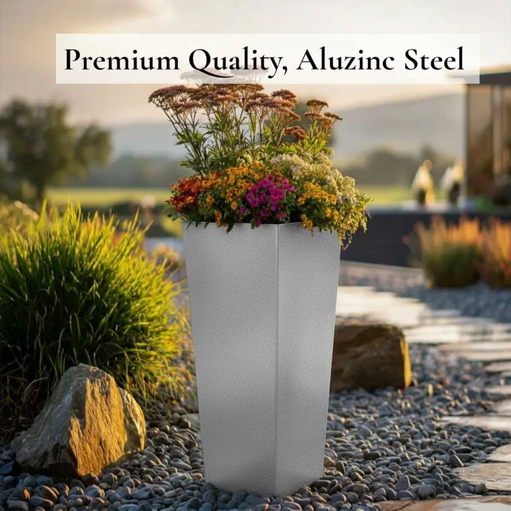 Zinc Galvanised Tall Flared Tapered Square Planter | 40cm x 40cm x 90cm | Silver