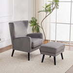 Velvet Upholstered Leisure Chair With Footstool – Accent Armchair With Wooden Frame | Grey