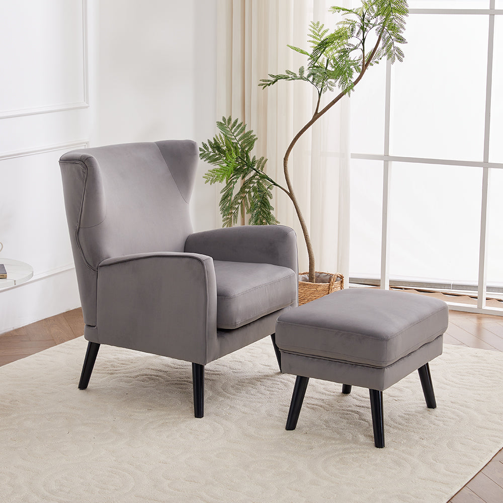 Velvet Upholstered Leisure Chair With Footstool – Accent Armchair With Wooden Frame | Grey