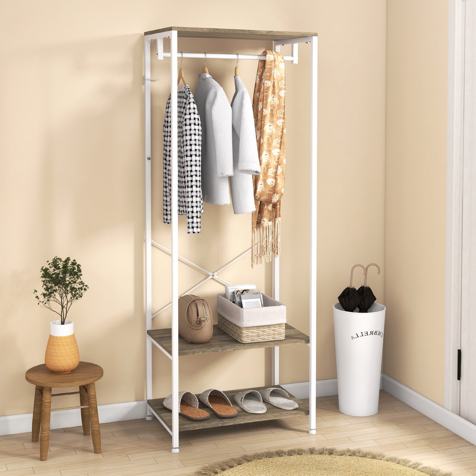 Coat Rack 2-in-1 Clothes Stand With Shoe Storage For Hallway | One Size | Gray