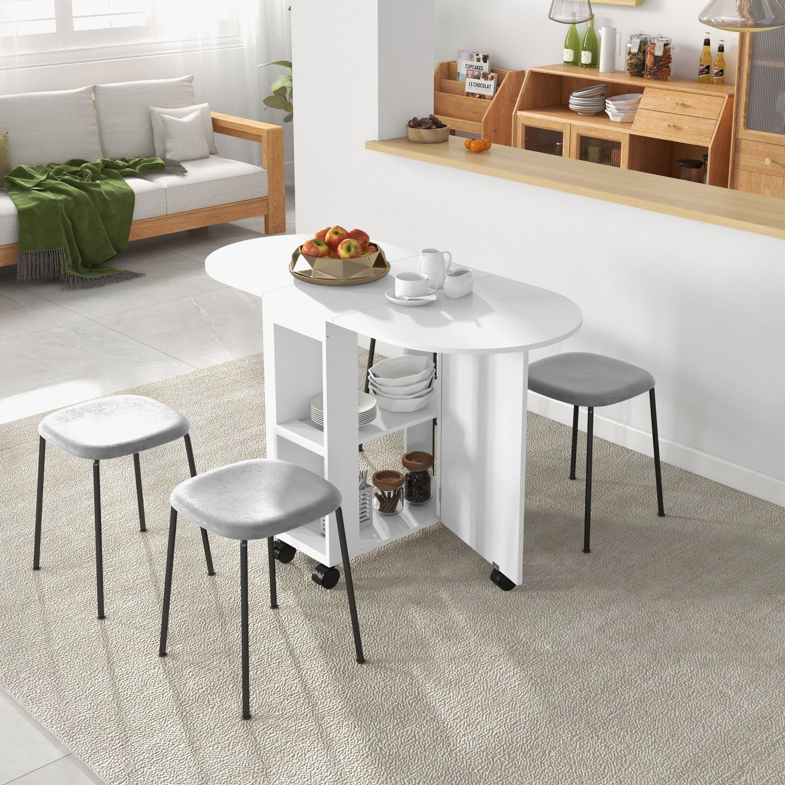 Folding Dining Table With 2-tier Shelves, White