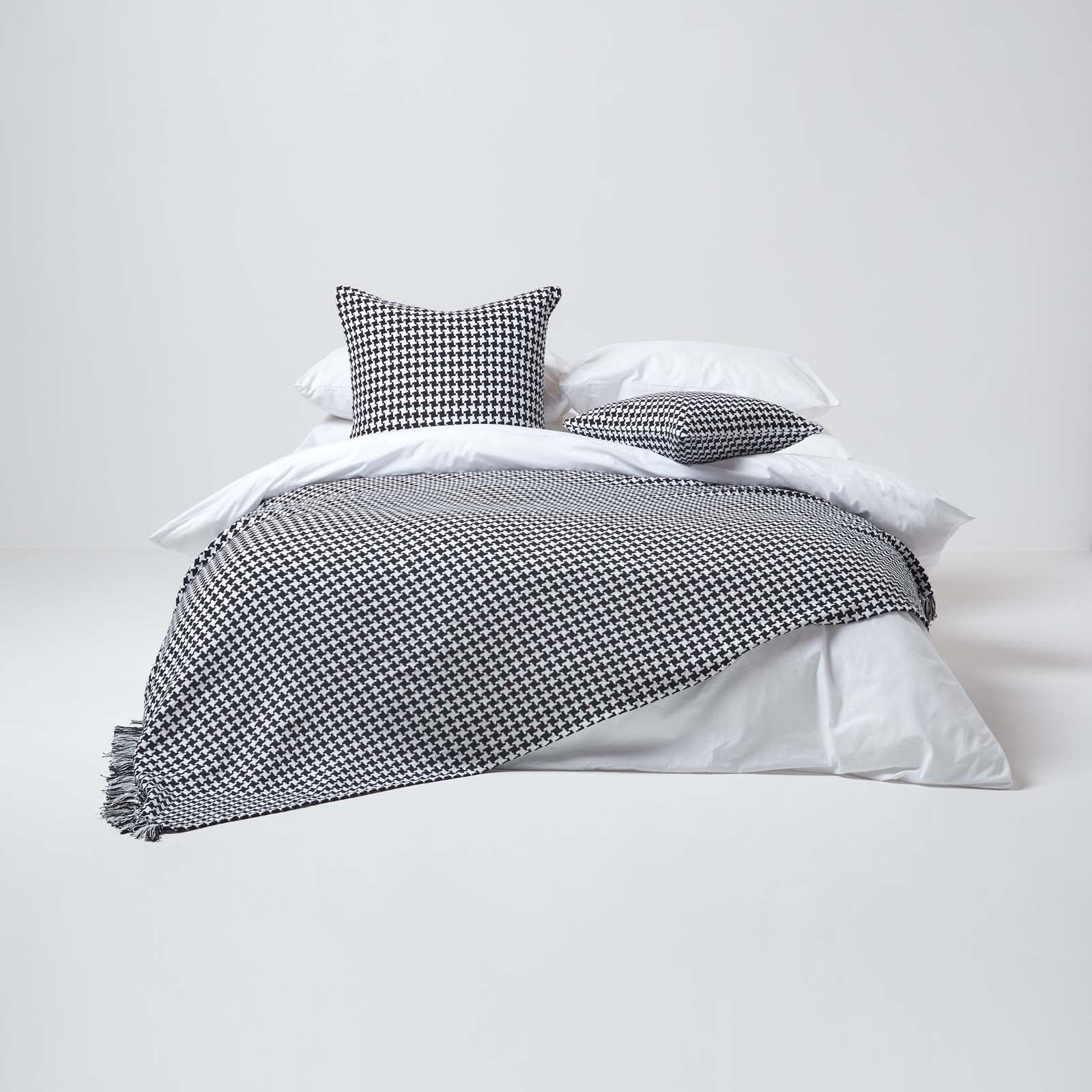 Houndstooth Design 100% Cotton Bedspread Throw | 150cm x 200cm | Black