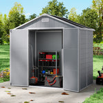 Outdoor Plastic Tool Shed With Apex Roof & Floor, Double Doors, Ventilation & Window, Lockable Backyard Storage House | 8x4ft | Grey
