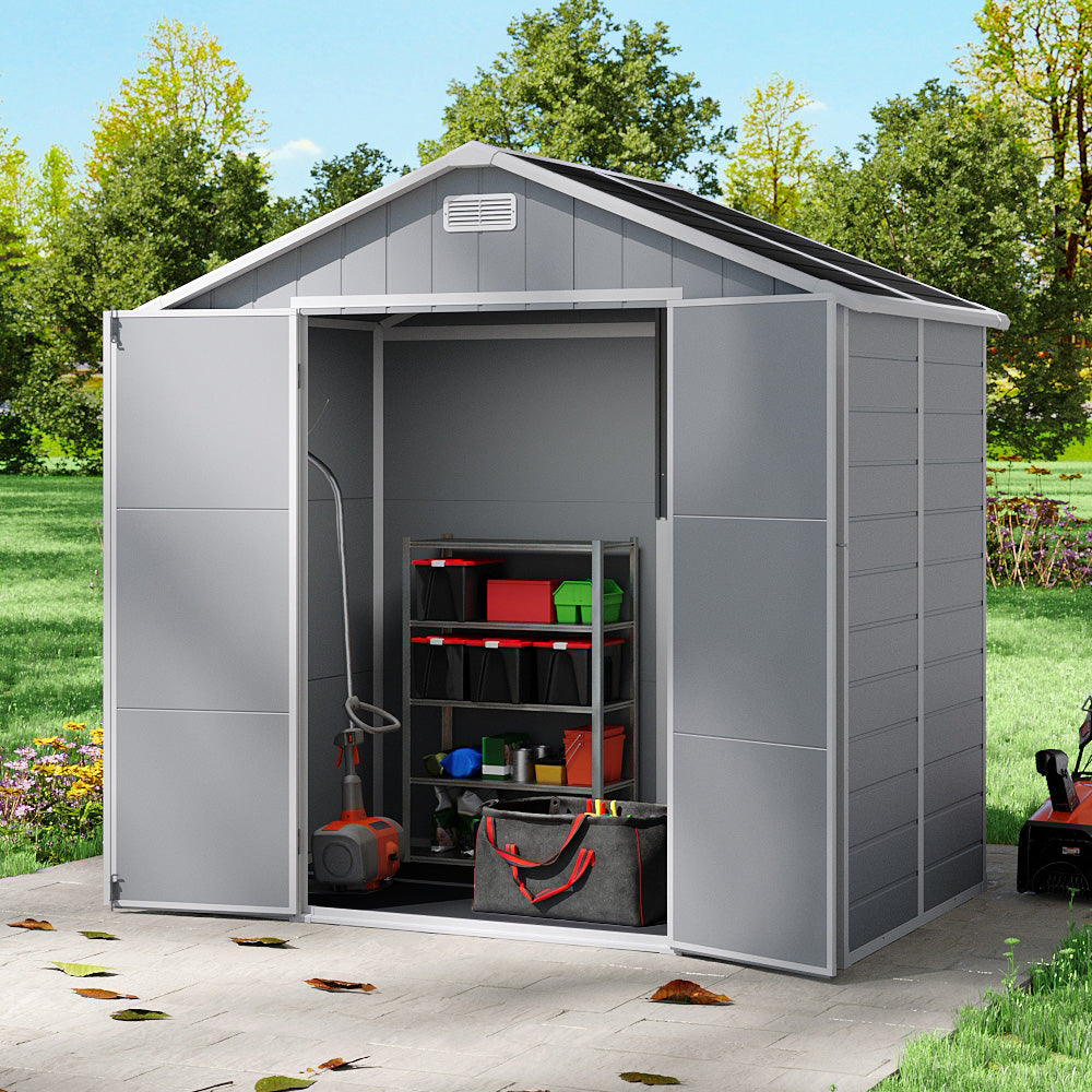 Outdoor Plastic Tool Shed With Apex Roof & Floor, Double Doors, Ventilation & Window, Lockable Backyard Storage House | 8x4ft | Grey