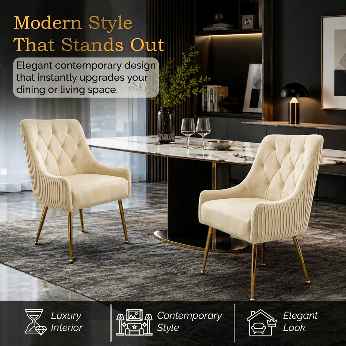 Dining Chairs Upholstered Tufted Velvet Kitchen Chairs | Set of 2 | Cream
