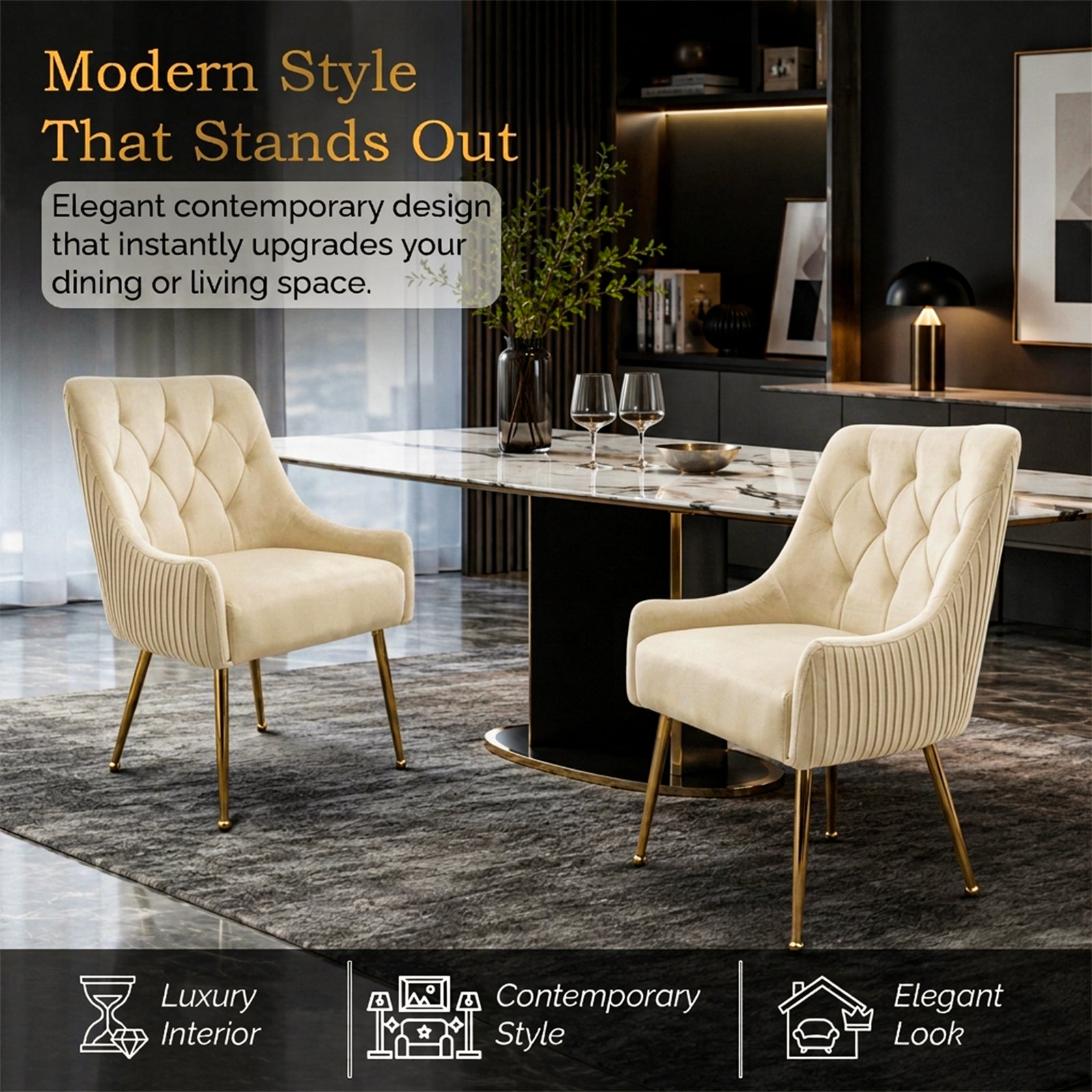 Dining Chairs Upholstered Tufted Velvet Kitchen Chairs | Set-of-2 | Cream