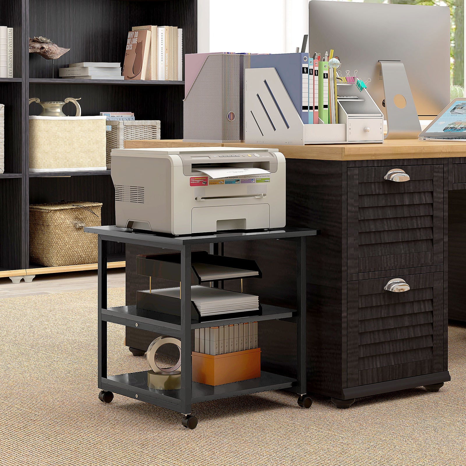 Mobile Printer Stand With Storage Printer Table Home Office | One Size | Black