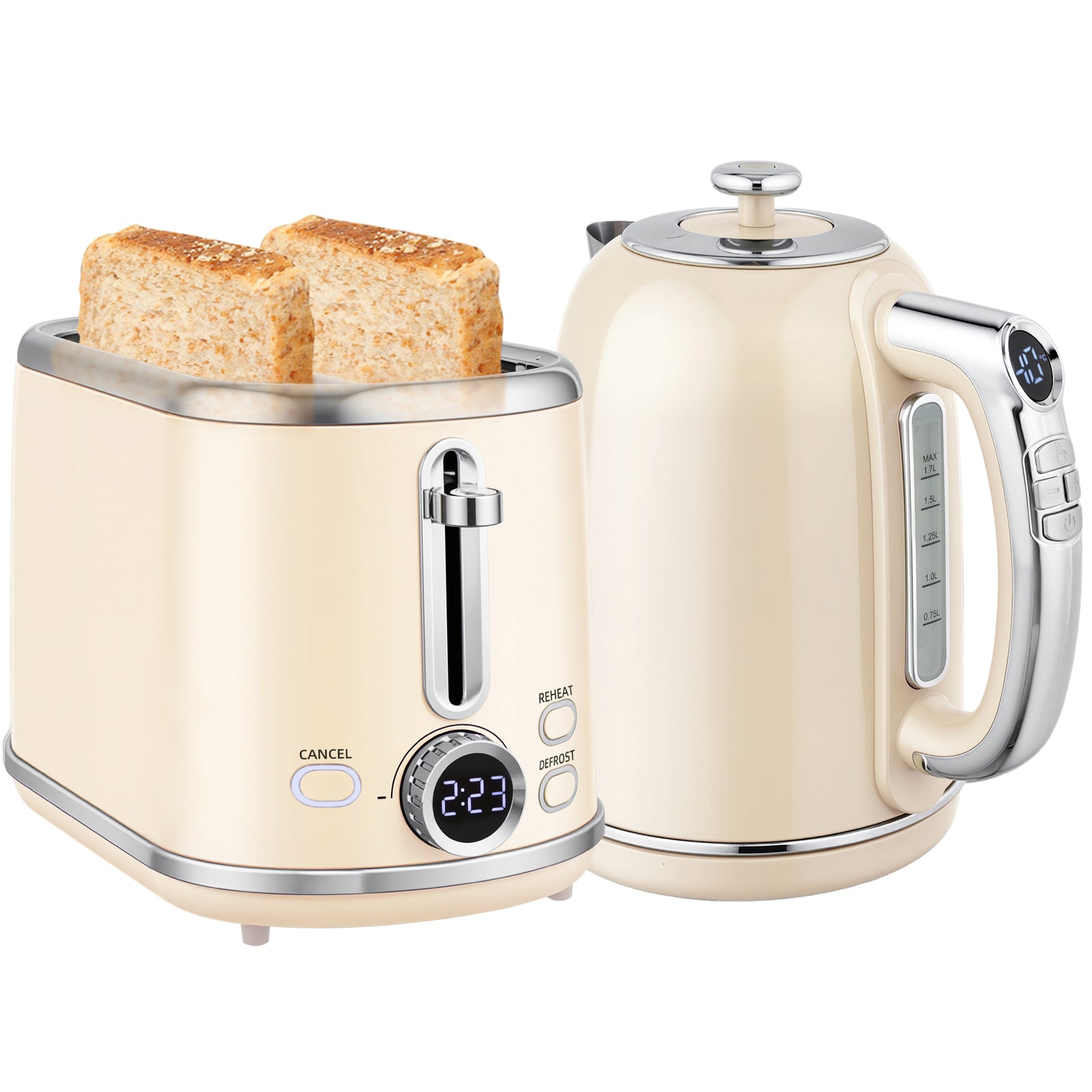 1.7l 3000w Kettle And 2 Slice Toaster With Keep Warm Memory Function | Cream
