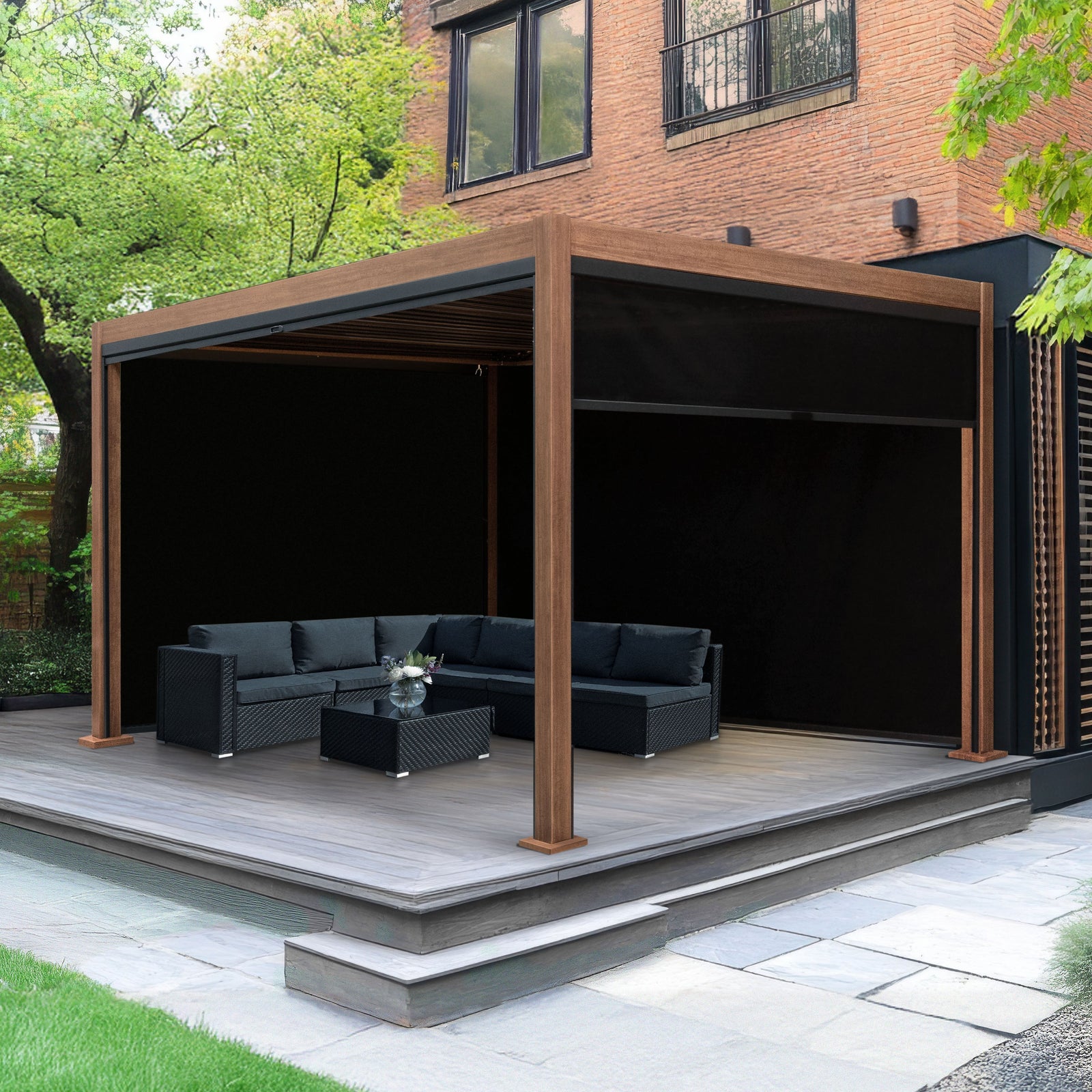 Wood Effect Aluminium Pergola With Blinds | 4m x 3m | Brown