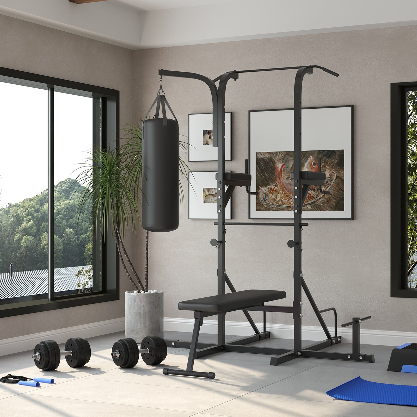 HOMCOM Home Gym Power Tower With Bench And Punching Bag