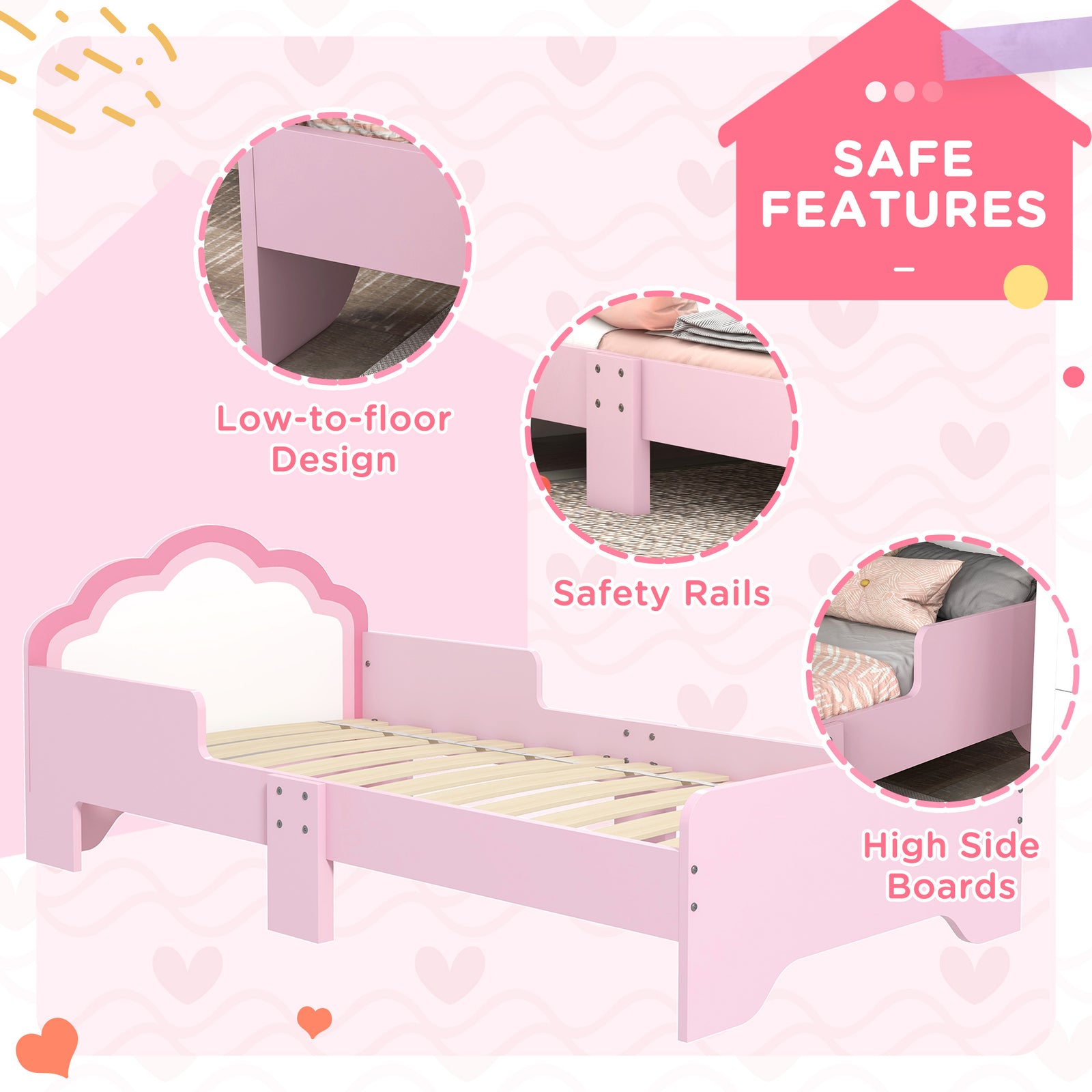 Toddler Bed Frame, Cloud-design Princess Bed, 143 X 74 X 55cm - Pink | Pink