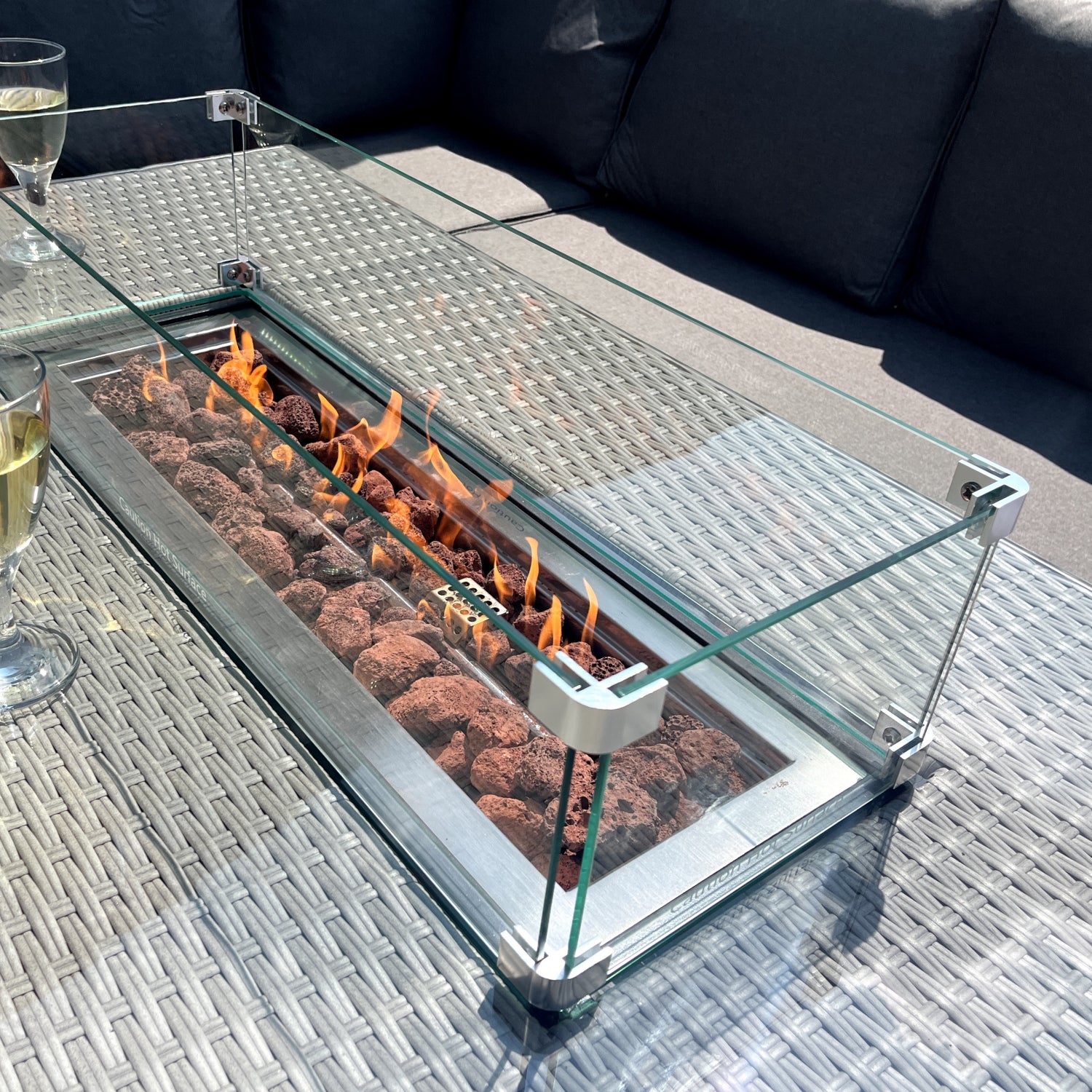 The Croft 8 Seat Corner Gas Firepit Rattan Dining Set | Grey
