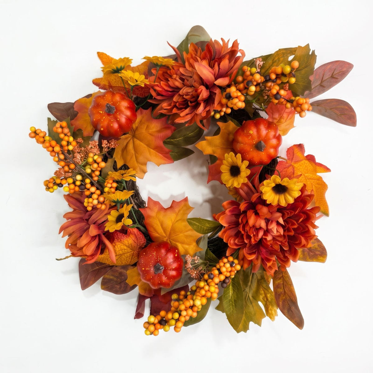 Artificial Chrysanthemum & Pumpkin Wreath, Autumnal