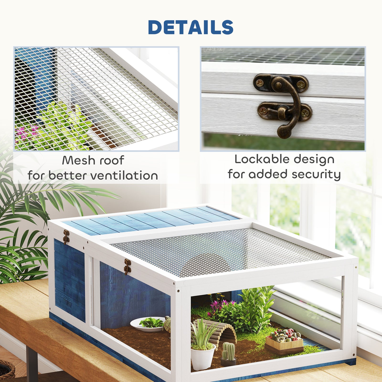 Tortoise House With Mesh Roof, Small Pet Reptile Wooden House | Blue