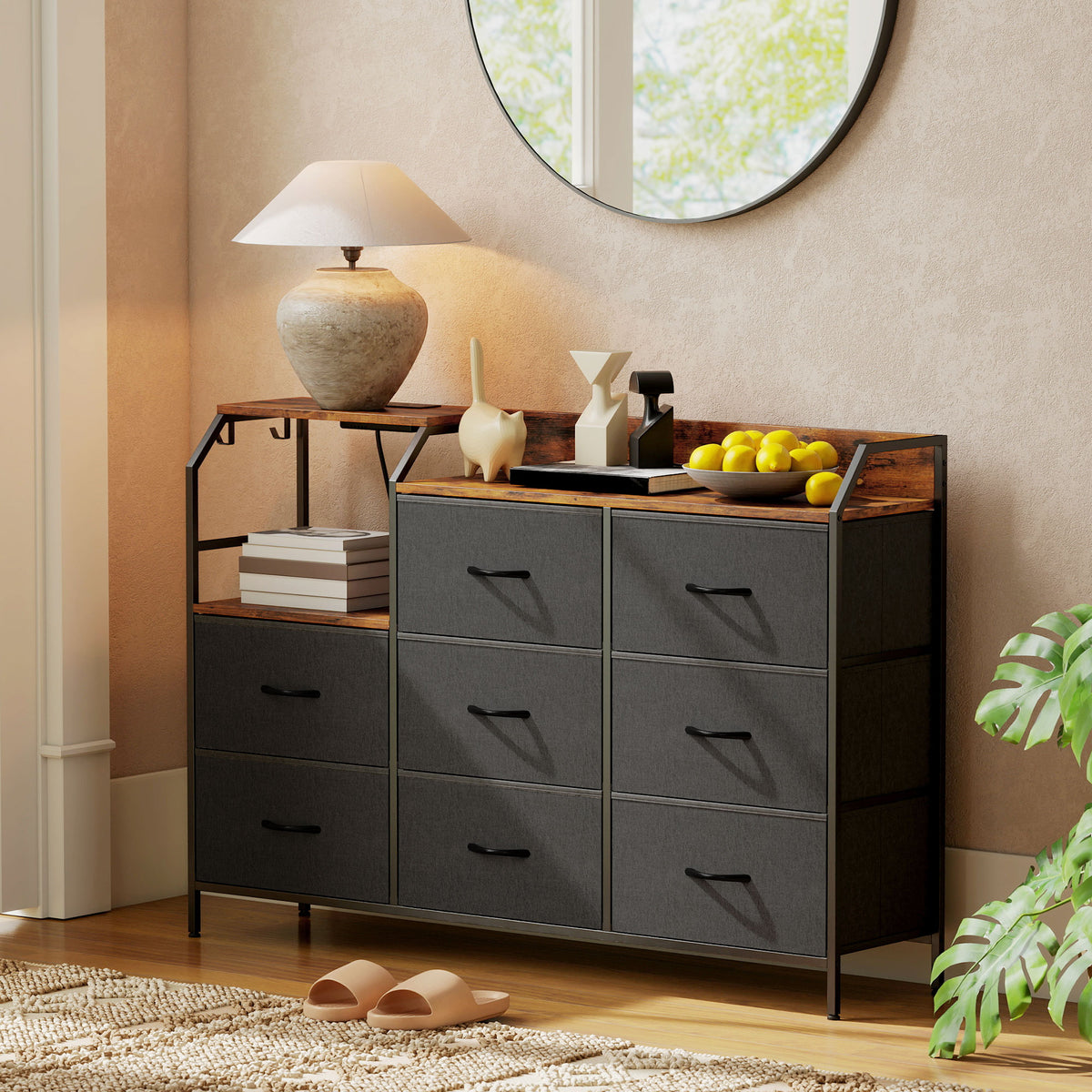 HOMCOM Fabric Chest Of Drawers W/ Charging Station For Bedroom Rustic Brown