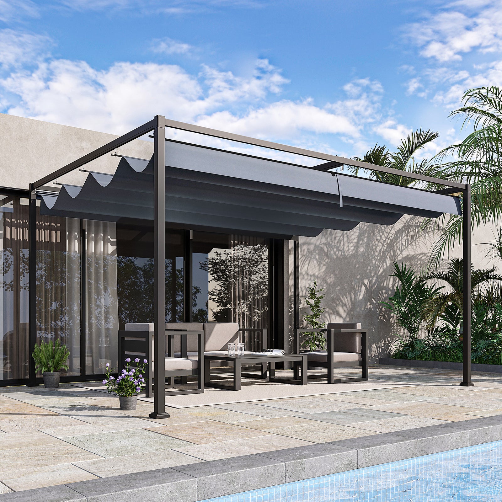 Metal Pergola Gazebo Patio Sun Shelter Retractable Canopy | Large