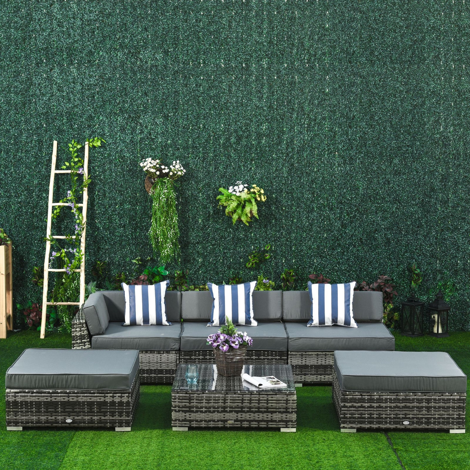 6 Pcs Garden Rattan Sofa Set Sectional Wicker Coffee Table | Gray