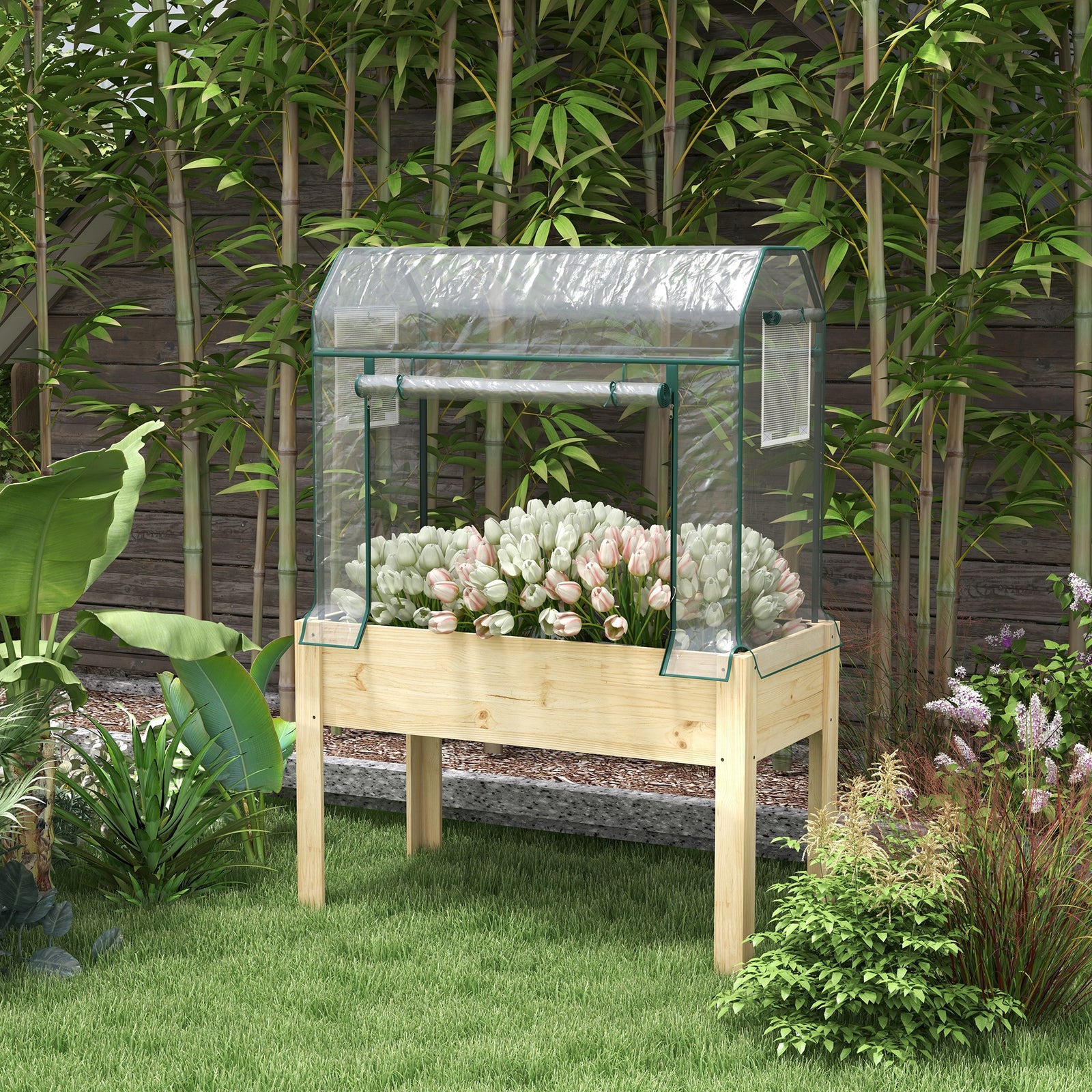 Wood Planter With Greenhouse Cover & Bed Liner