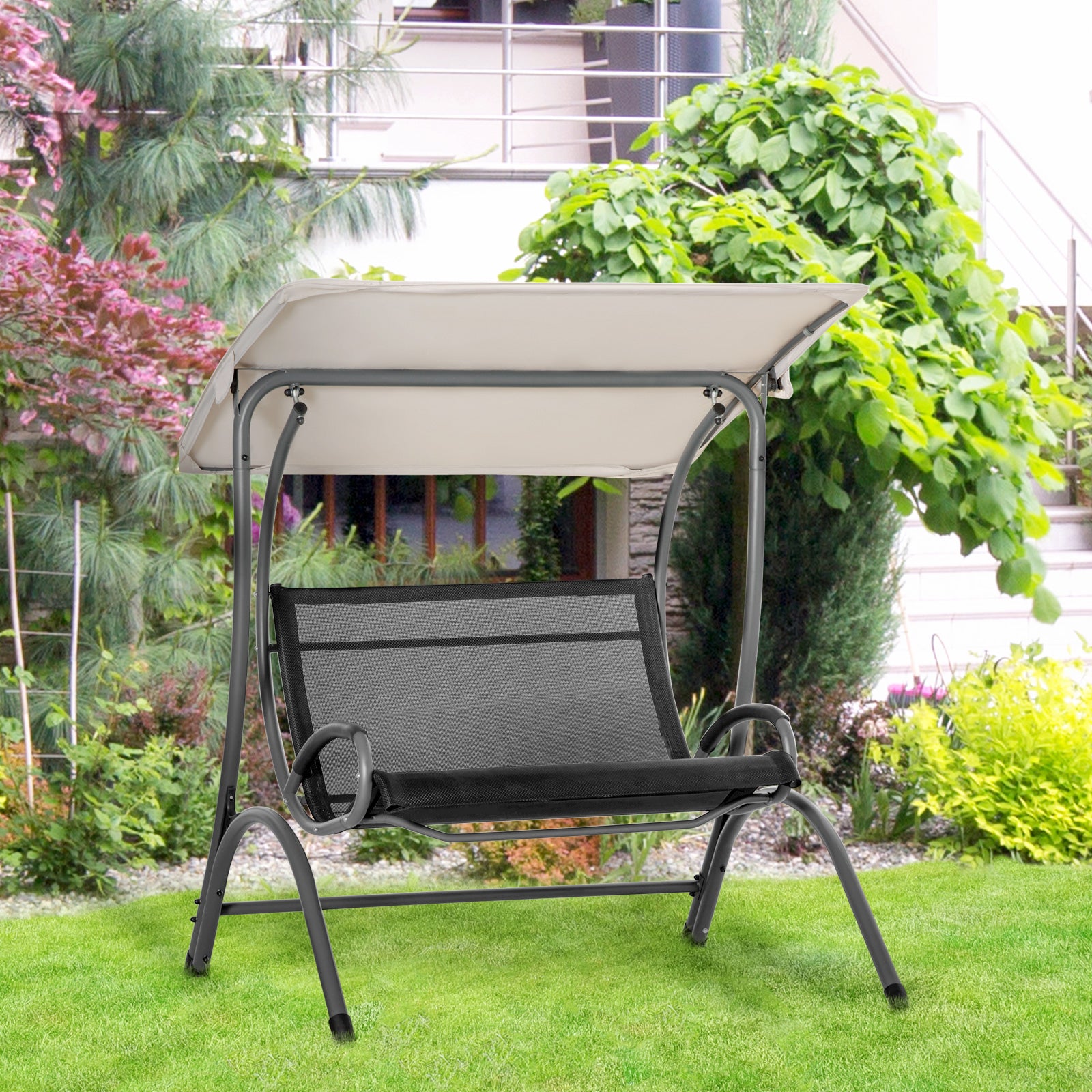 2 Seater Garden Swing Bench W/ Tilting Canopy And Texteline
