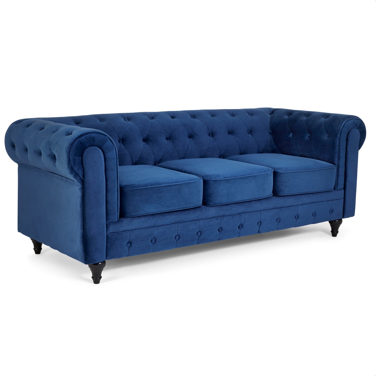 Button Tufted Velvet Living Room Sofa - 3 Seater | Blue