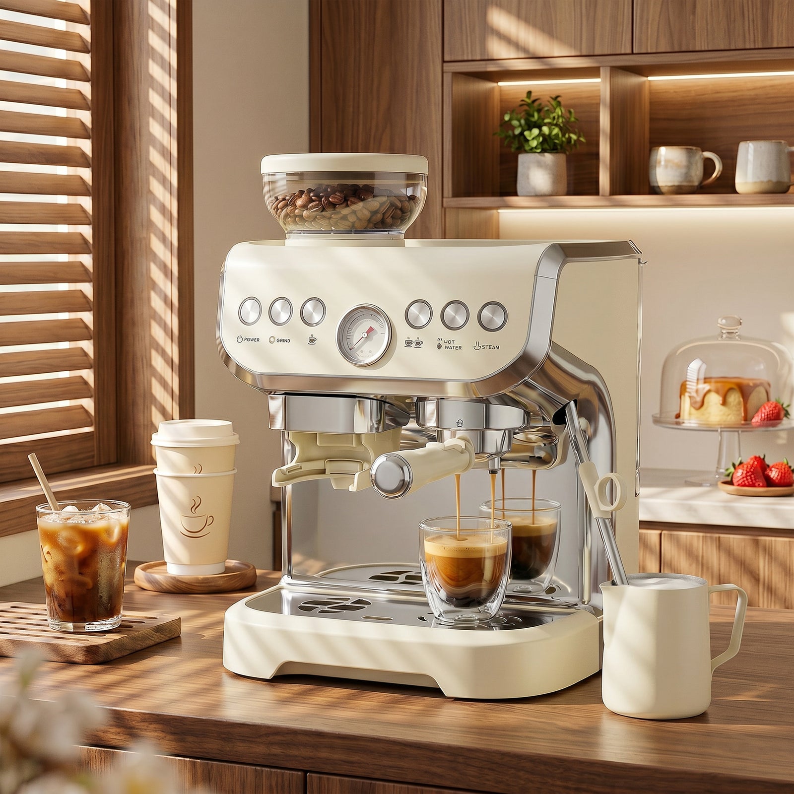 Espresso Machine, Bean Grinder & Steam Wand, 15 Bar Pressure | Cream White