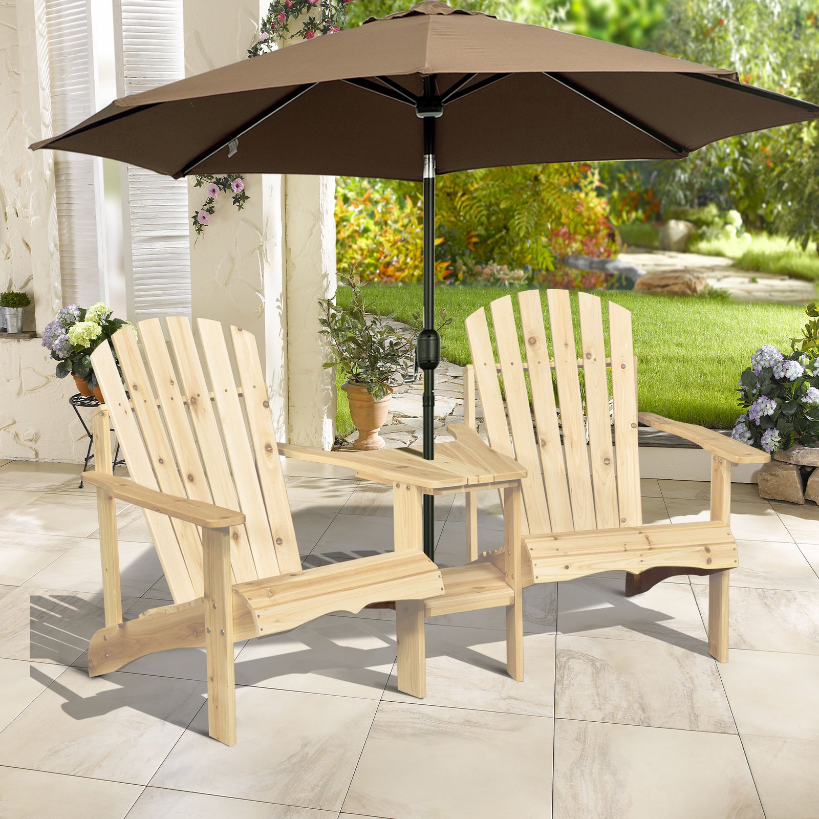 Wooden Double Adirondack Chair W/ Table & Umbrella Hole | Natura