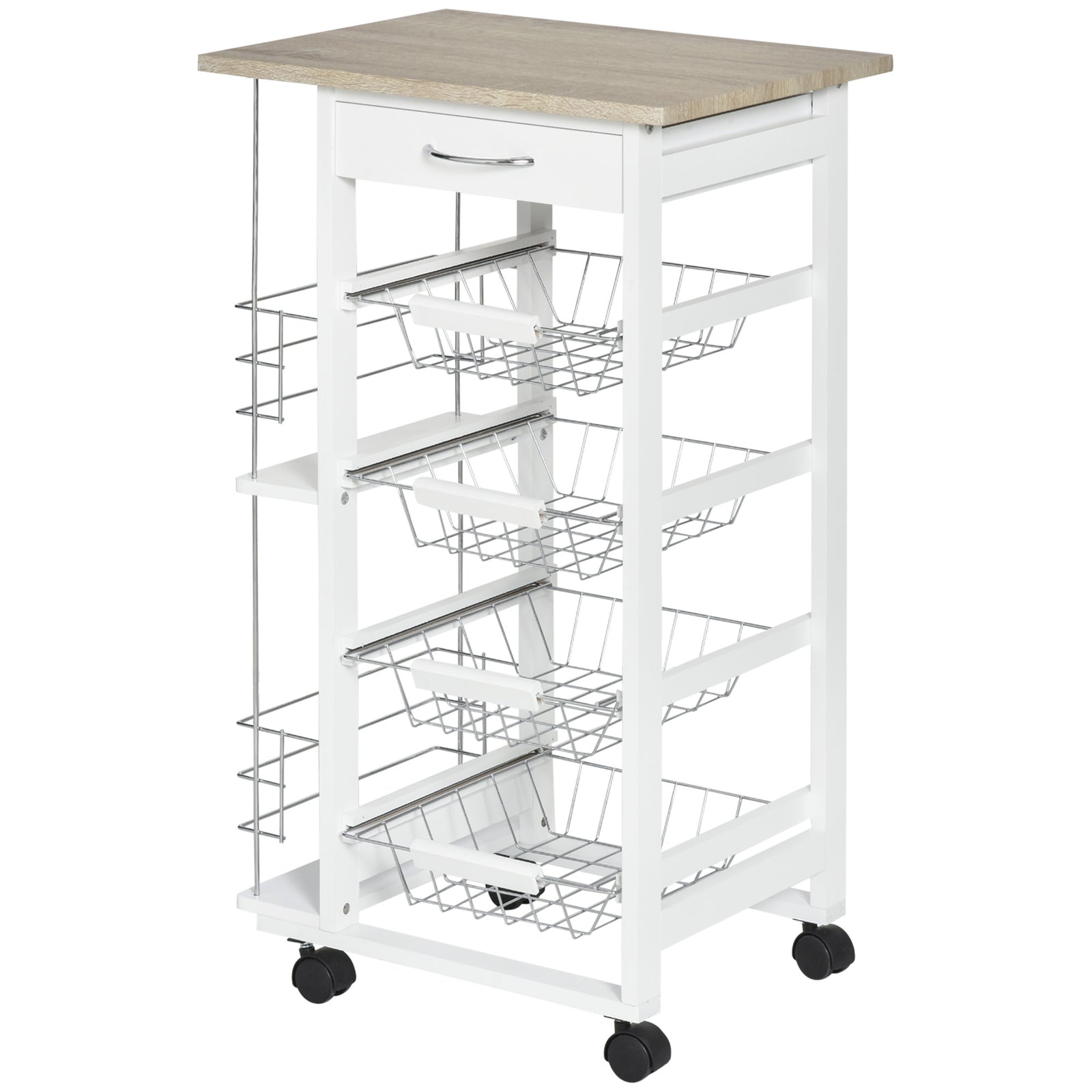 Kitchen Island Trolley W/ 4 Baskets 2 Side Racks Drawer | Antique White