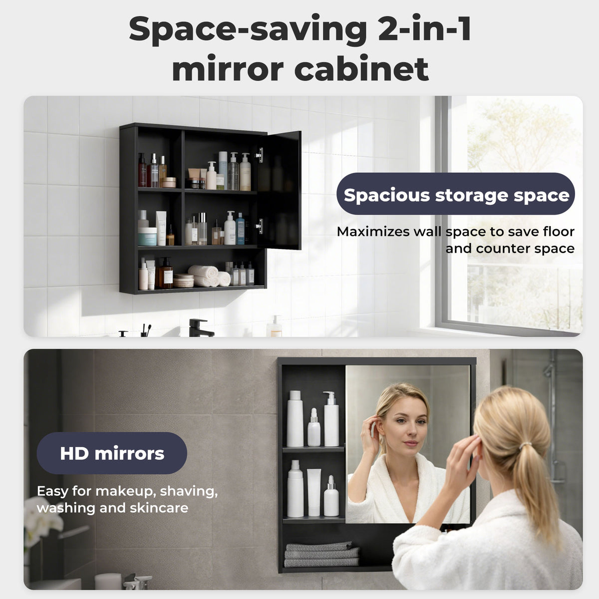 Bathroom Mirror Cabinet Wall Mounted Storage Cupboard Black Open Shelf | Black