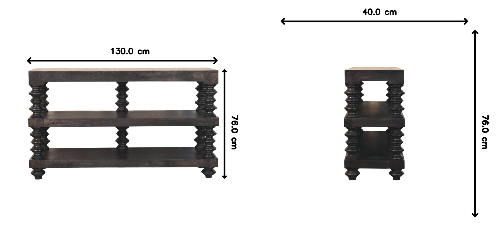 Spindle Shelf Console In Carbon Ash, 2 Open Shelf, Black Brown