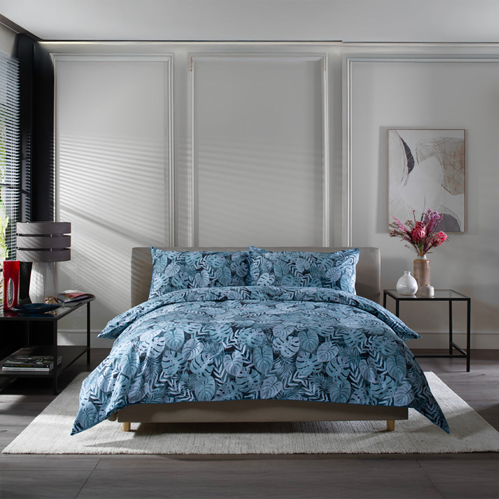 Tropical Garden Blue 100% Cotton Duvet Cover Set With Piped Edging | Single | Blue