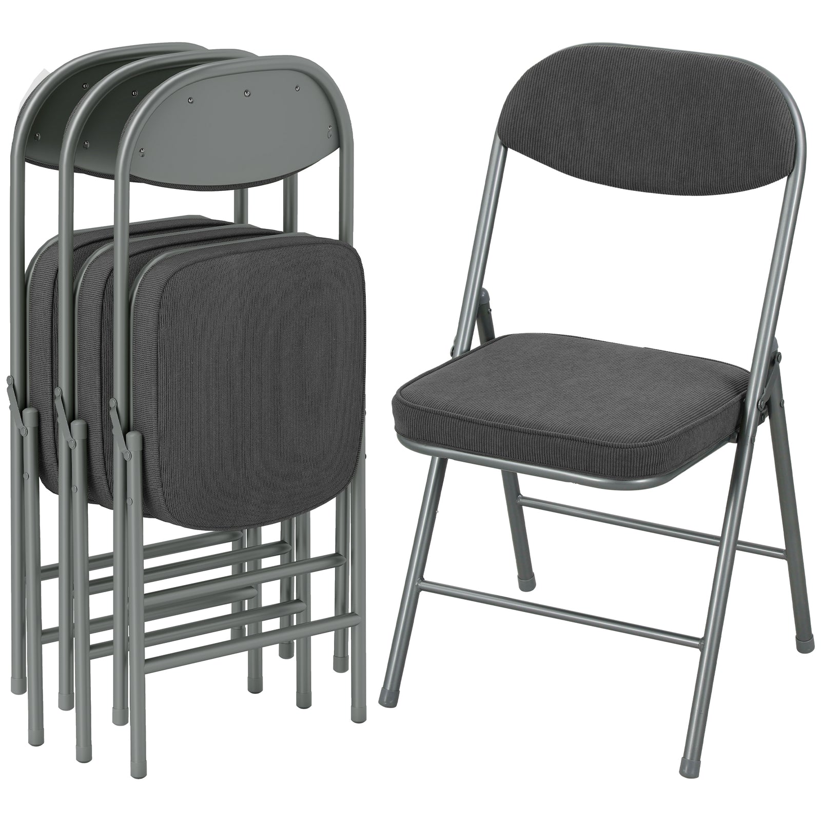 Folding Chairs Set Of 4 With Cushioned Seat, Steel Frame, Dark Grey | Dark Grey